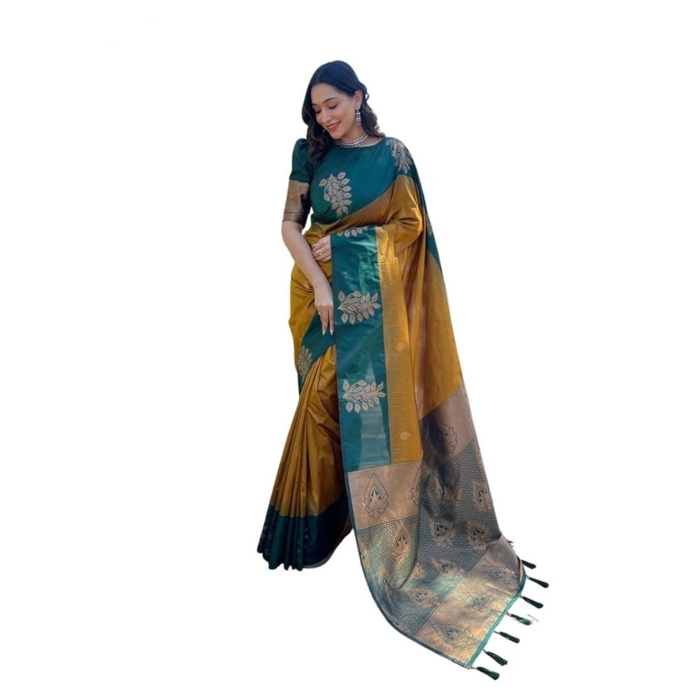 Mustard soft lichi silk printed saree with unstitched blouse, vibrant Indian fashion for women