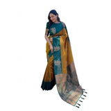 Mustard soft lichi silk printed saree with unstitched blouse, vibrant Indian fashion for women