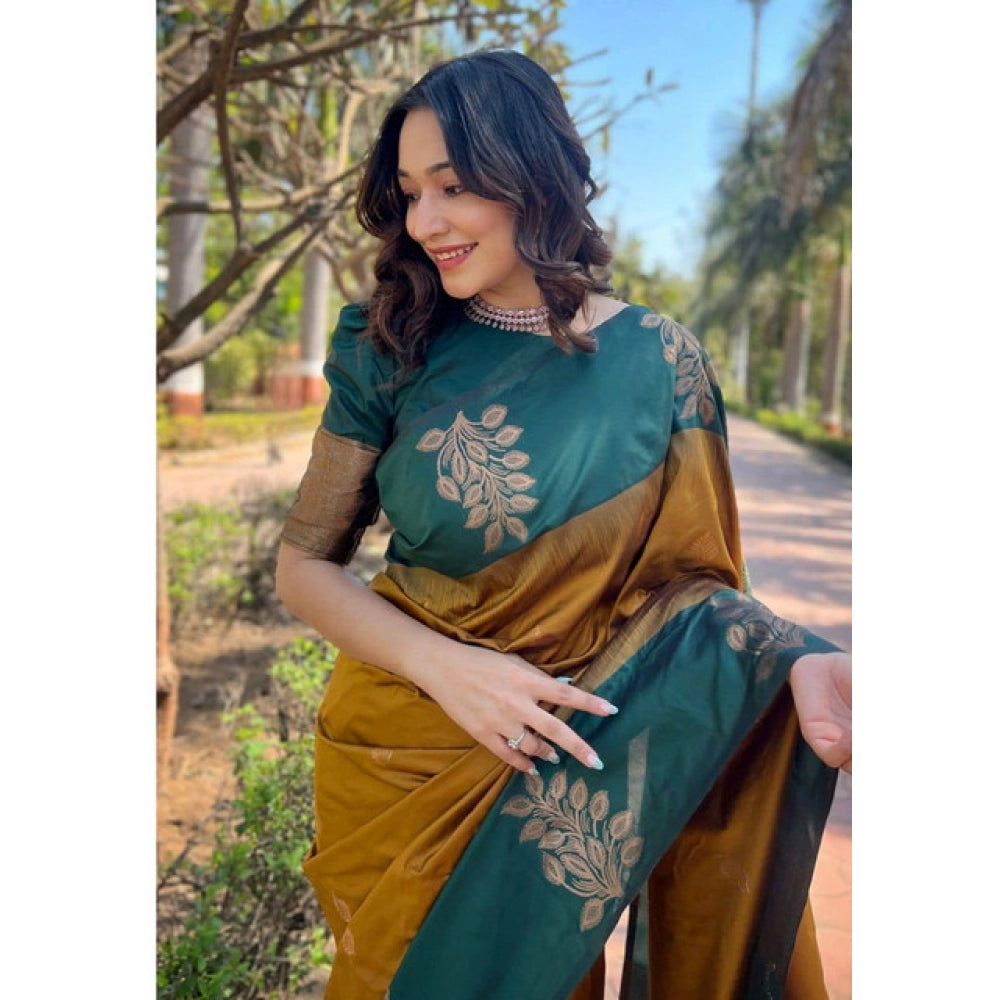 Mustard soft lichi silk printed saree with unstitched blouse, luxurious eastern wear on mannequin