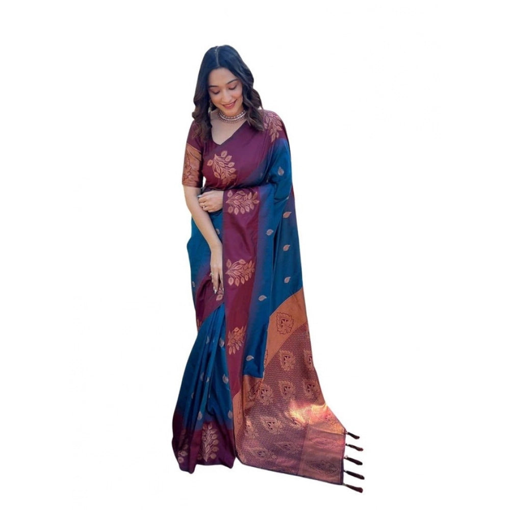 Blue soft lichi silk printed saree with unstitched blouse, 5.5mtr for women's traditional attire