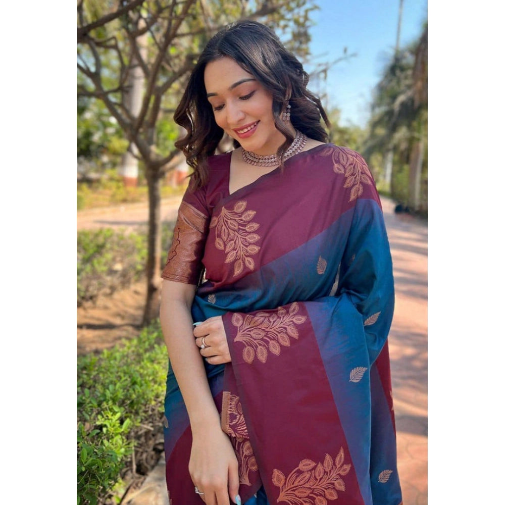 Blue soft lichi silk printed saree with unstitched blouse, 5.5mtr
