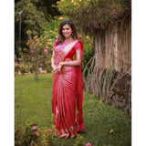 Soft pink lichi silk printed saree with unstitched blouse, 5.5mtr on mannequin