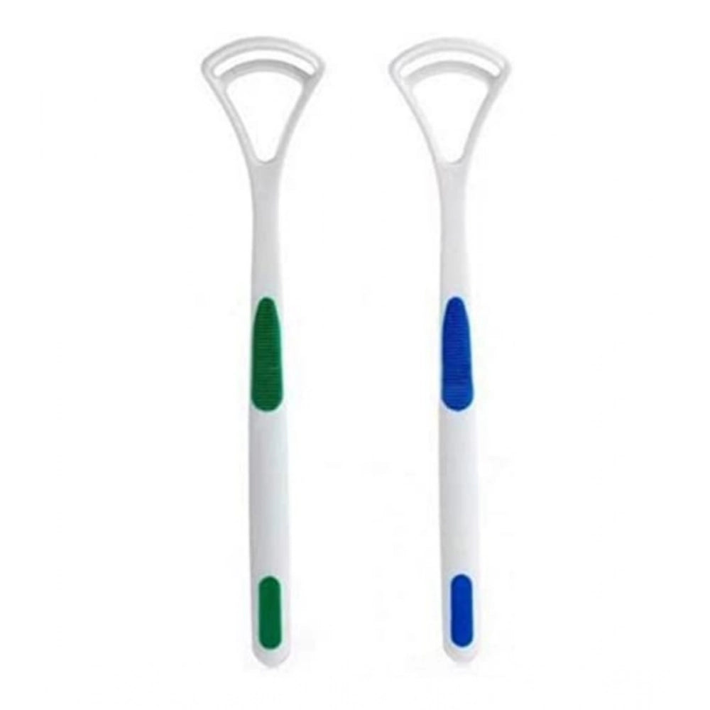 Assorted colored double-edged plastic tongue cleaners, designed for wider cleaning and reducing gag reflex, aiding oral hygiene