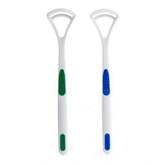 Assorted colored double-edged plastic tongue cleaners, designed for wider cleaning and reducing gag reflex, aiding oral hygiene