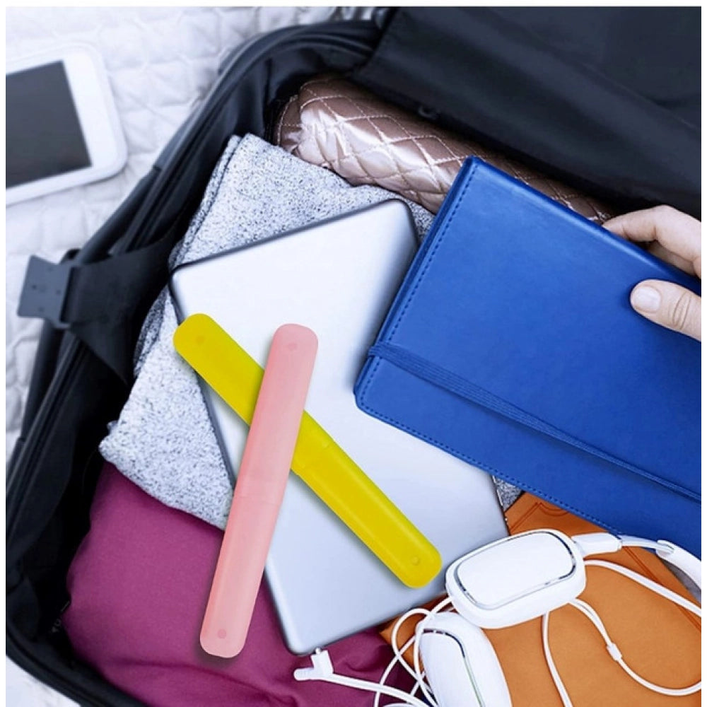 Assorted plastic travel toothbrush holders set (4-piece), durable with snap closure & modern styling for family hygiene on-the-go