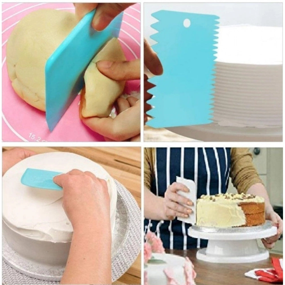 Assorted color plastic dough & cake scrapers set - 3 pieces. Creates designs on cakes, easy to clean after use