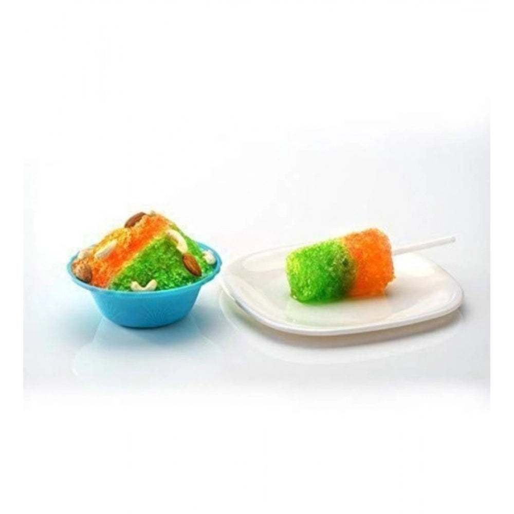 Assorted color plastic ice gola and slush maker, handheld, rust-proof, sharp stainless steel blades. Includes 1 maker, 3 bowls, 1 glass, 6 reusable sticks, and 1 dish. Attractive countertop design, dishwasher safe