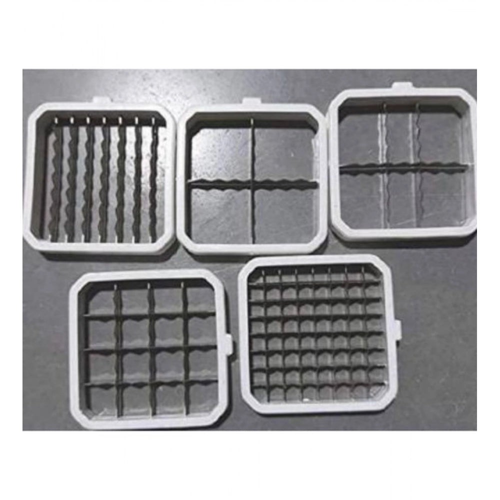 Assorted stainless steel vegetable cutter & fruit slicer with multifunction chipser, dicer, grater. Non-skid base ensures stability during use. Efficient & smooth cutting, perfect for quick dicing of fruits & vegetables without electricity