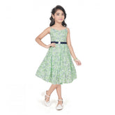 Girl's Cotton Slub Printed Sleeve Less Round Neck Dress (Sea Green)