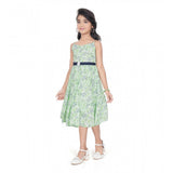 Girl's Cotton Slub Printed Sleeve Less Round Neck Dress (Sea Green)