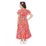 Girl's Shiffon Printed Short Sleeve Round Neck Dress (Multicolor)