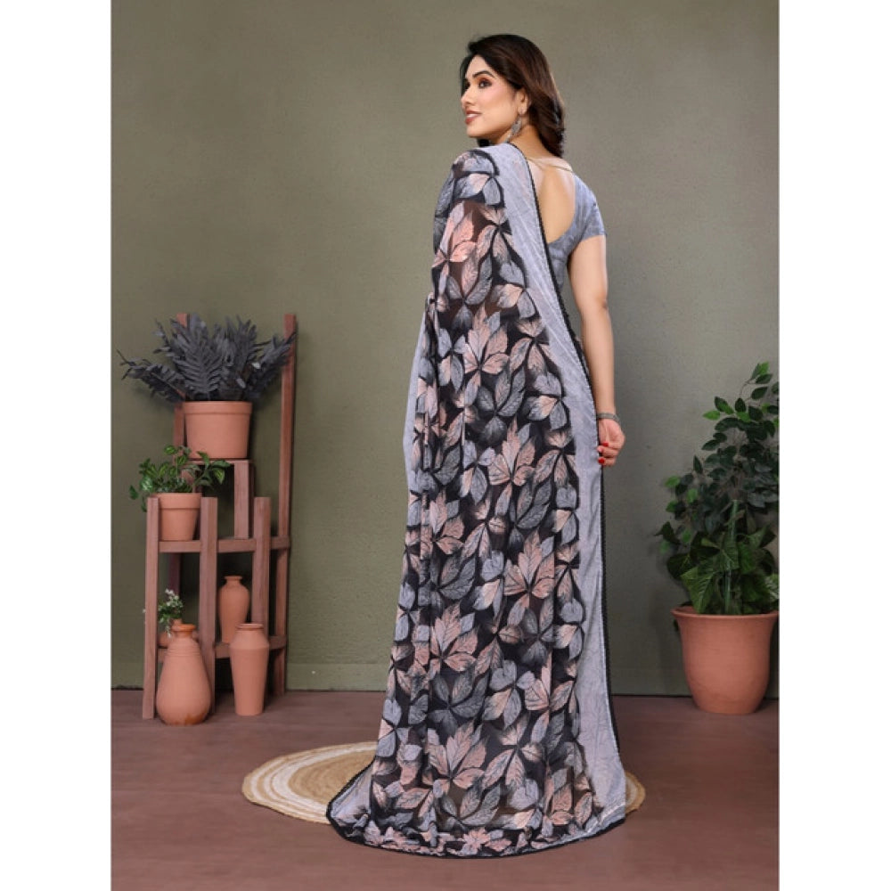 Grey chiffon printed saree with unstitched blouse (5.5mtr), elegant Indian women's wear