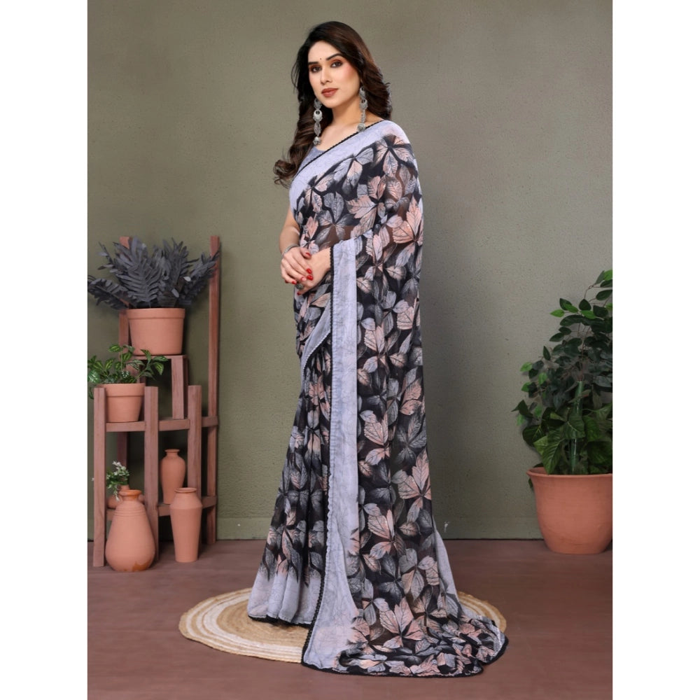 Grey chiffon printed saree with unstitched blouse (5.5mtr)