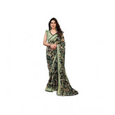 Green chiffon printed saree with unstitched blouse, vibrant design on display