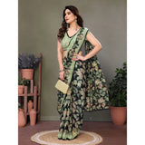 Green chiffon printed saree with unstitched blouse (5.5Mtr)
