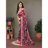 Pink chiffon printed saree with unstitched blouse (5.5mtr), vibrant pattern on display