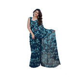 Blue chiffon printed saree with unstitched blouse, vibrant design on traditional Indian attire