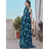 Women's Chiffon Printed Saree With Unstitched Blouse 5.5Mtr (Blue)