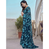 Women's Chiffon Printed Saree With Unstitched Blouse 5.5Mtr (Blue)