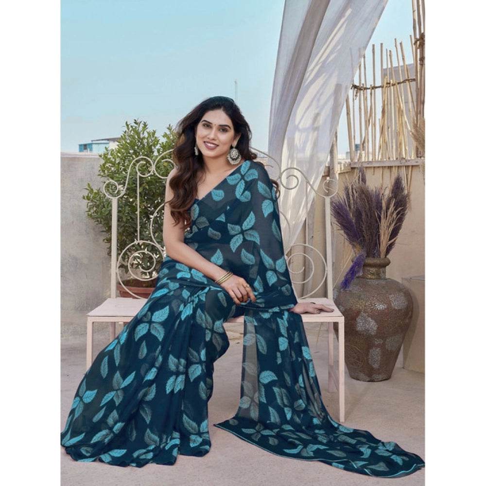 Blue chiffon printed saree with unstitched blouse, 5.5mtr length for traditional Indian wear