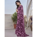 Women's Chiffon Printed Saree With Unstitched Blouse 5.5Mtr (Purple)