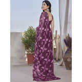Women's Chiffon Printed Saree With Unstitched Blouse 5.5Mtr (Purple)