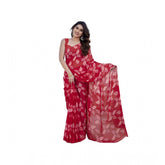 Red chiffon printed saree with unstitched blouse, vibrant pattern on display