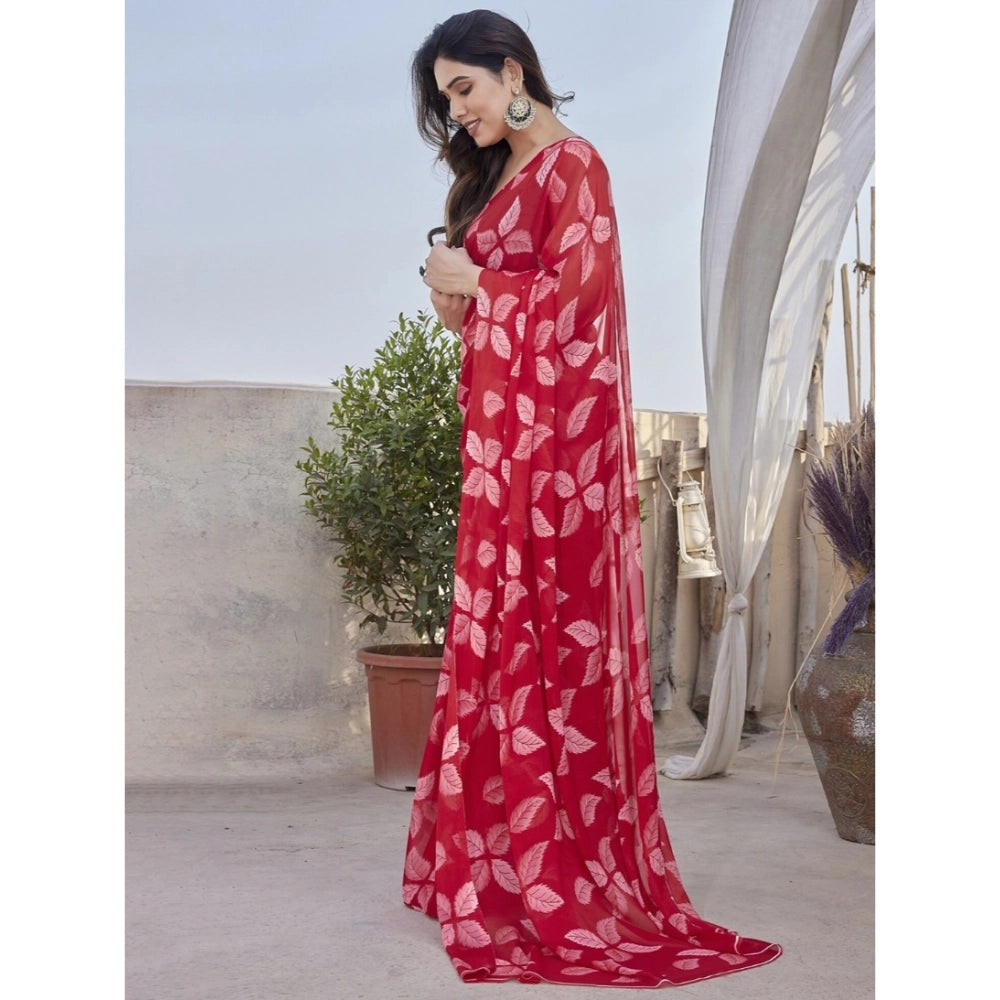 Red chiffon printed saree with unstitched blouse (5.5mtr)