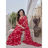Red chiffon printed saree with unstitched blouse (5.5mtr), elegant Indian women's wear on mannequin