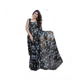 Black chiffon printed saree with unstitched blouse (5.5Mtr) on model