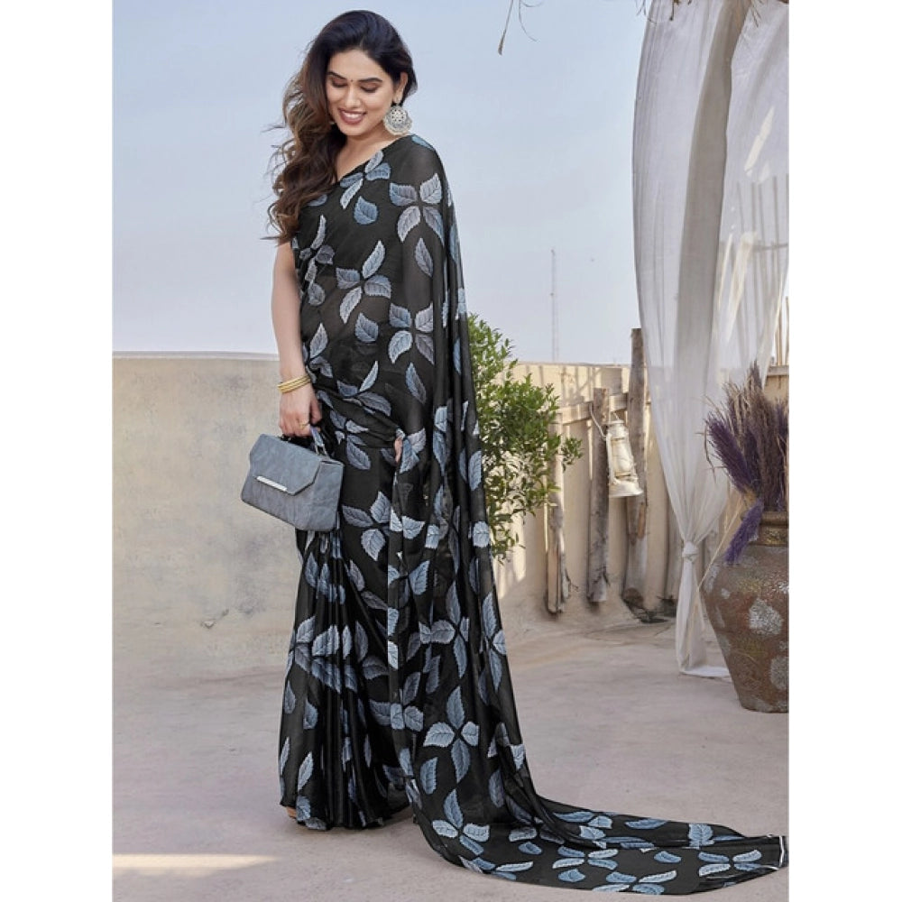 Black chiffon printed saree with unstitched blouse, vibrant design for women's traditional wear