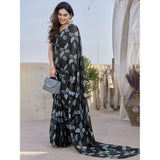 Black chiffon printed saree with unstitched blouse, vibrant design for women's traditional wear