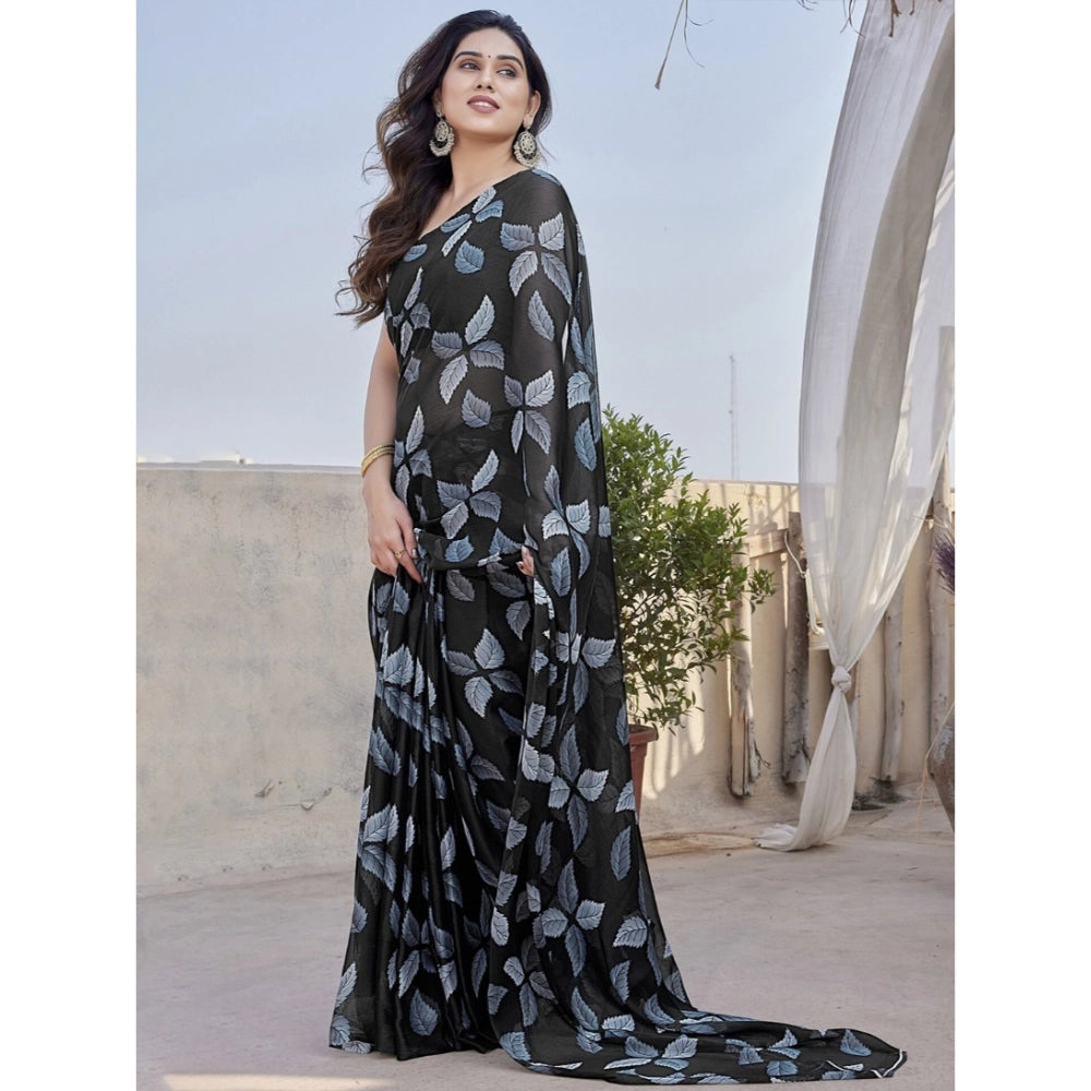Black chiffon printed saree with unstitched blouse, vibrant design on display