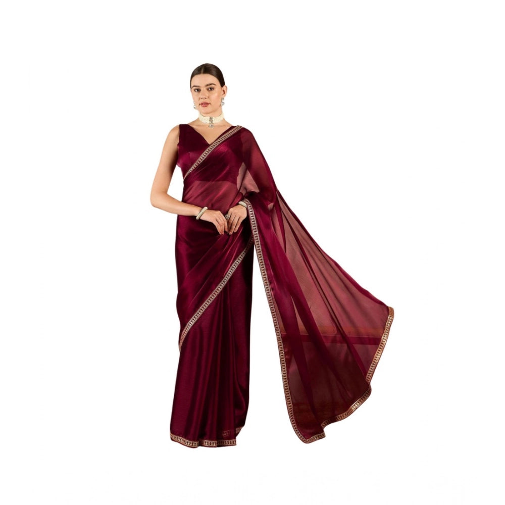 Wine Jimmy Choo solid saree with unstitched blouse (5.5mtr), women's Indian formal wear on mannequin