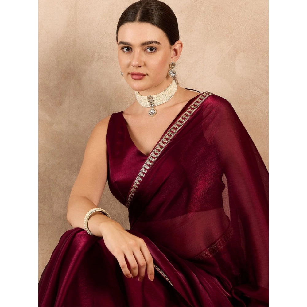 Women's Jimmy Choo wine-colored solid saree with unstitched blouse, 5.5Mtr on mannequin