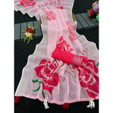 Pink linen cotton printed saree with unstitched blouse, vibrant design for Indian women's traditional wear