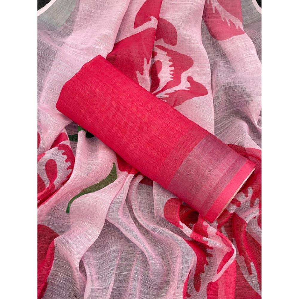 Pink linen-cotton printed saree with unstitched blouse (5.5Mtr) - vibrant ethnic wear for women