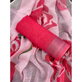 Women's Linen Cotton Printed Saree With Unstitched Blouse 5.5Mtr (Pink)