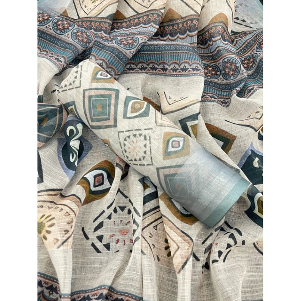 Grey linen cotton printed saree with unstitched blouse (5.5mtr), stylish Indian women's wear