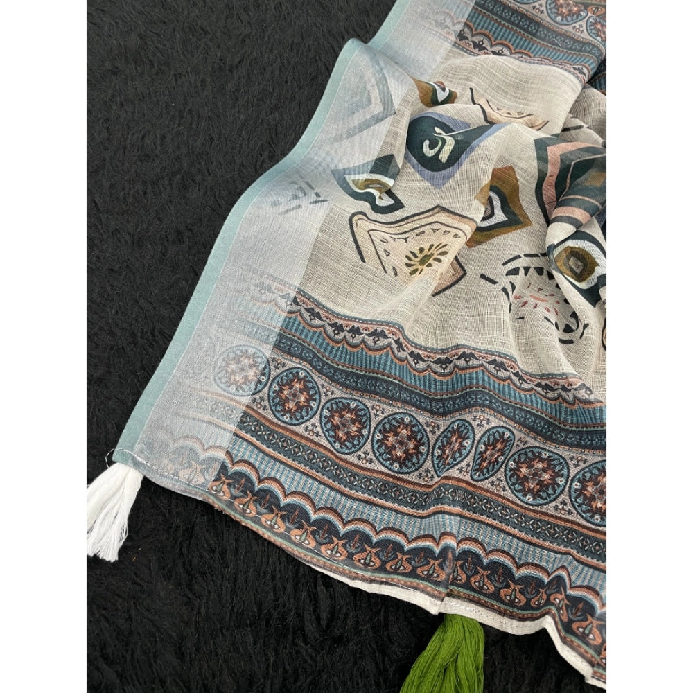 Grey linen cotton printed saree with unstitched blouse, vibrant floral design