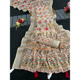 Cream linen-cotton printed saree with unstitched blouse (5.5mtr), traditional Indian attire on mannequin