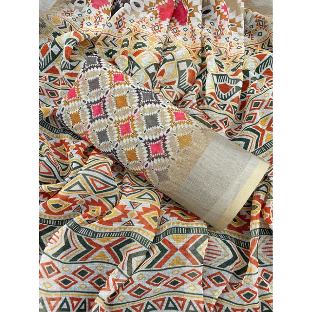 Cream linen cotton printed saree with unstitched blouse (5.5Mtr), traditional Indian women's wear