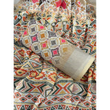 Women's Linen Cotton Printed Saree With Unstitched Blouse 5.5Mtr (Cream)