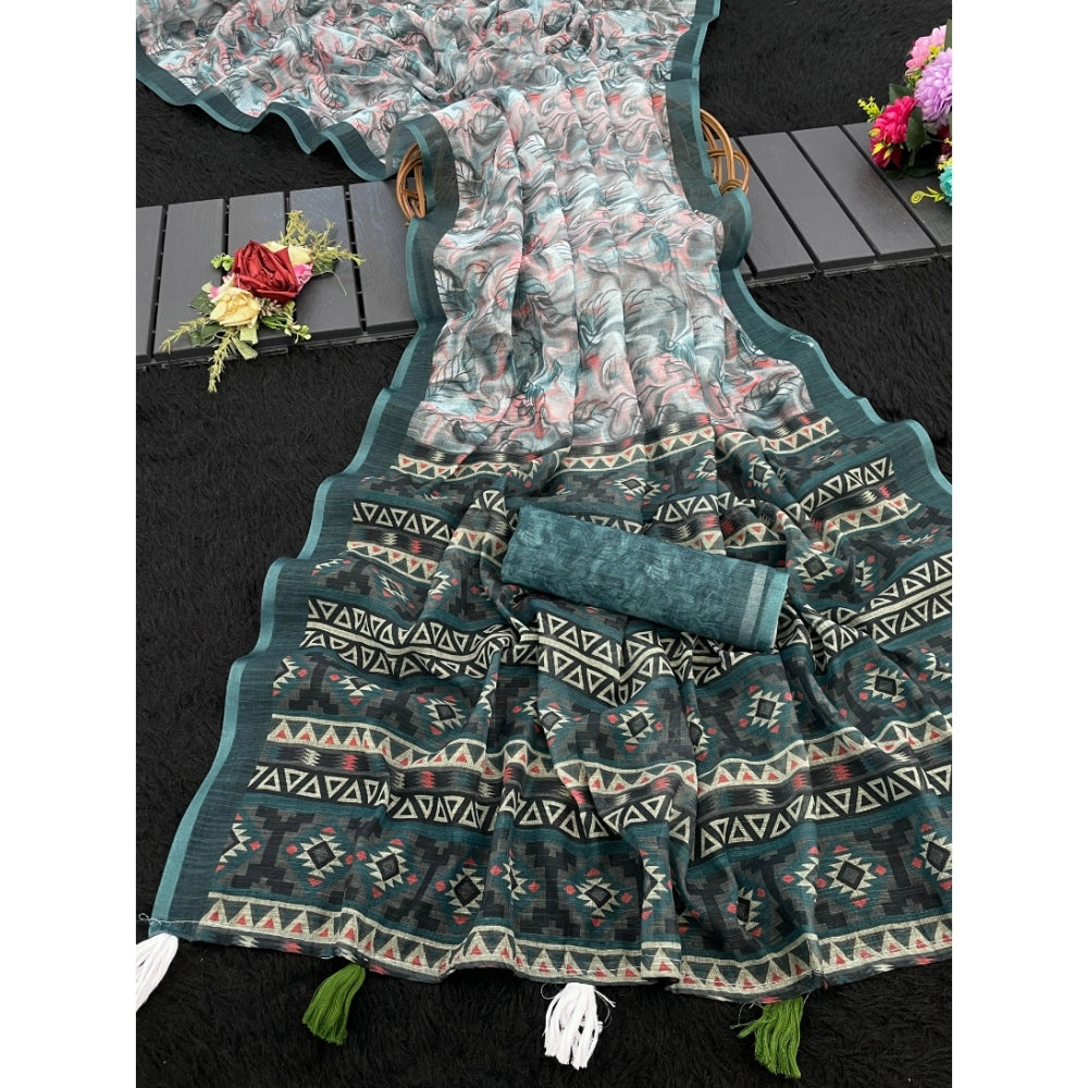 Blue linen cotton printed saree with unstitched blouse, vibrant floral design on a traditional Indian backdrop