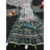 Blue linen-cotton printed saree with unstitched blouse (5.5Mtr)