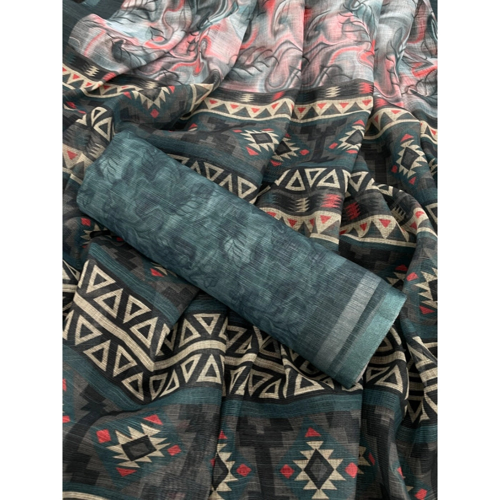 Blue linen cotton printed saree with unstitched blouse, vibrant floral pattern on display