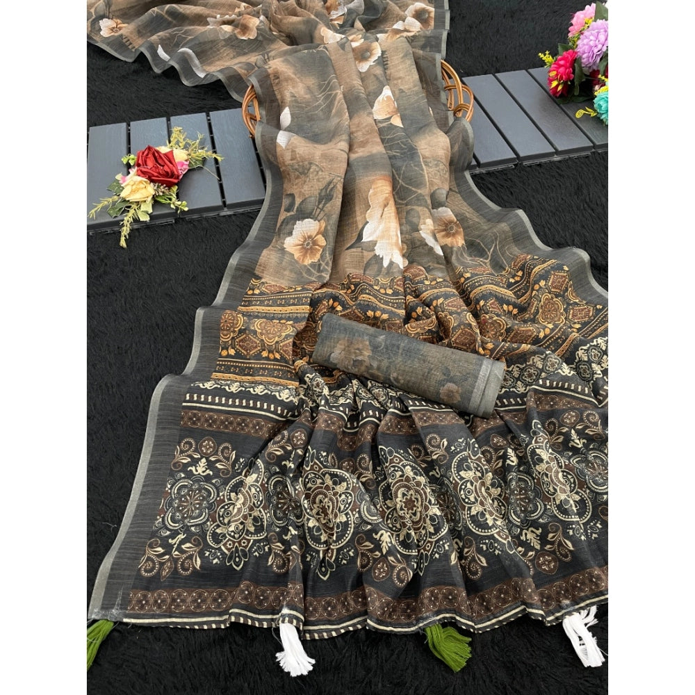 Beige linen cotton printed saree with unstitched blouse, vibrant floral pattern on 5.5mtr length