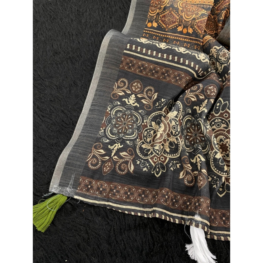 Beige linen-cotton printed saree with unstitched blouse (5.5mtr) - traditional Indian women's attire on mannequin