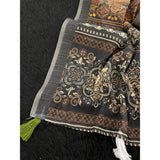 Beige linen-cotton printed saree with unstitched blouse (5.5mtr) - traditional Indian women's attire on mannequin