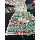 Green linen-cotton printed saree with unstitched blouse (5.5Mtr)